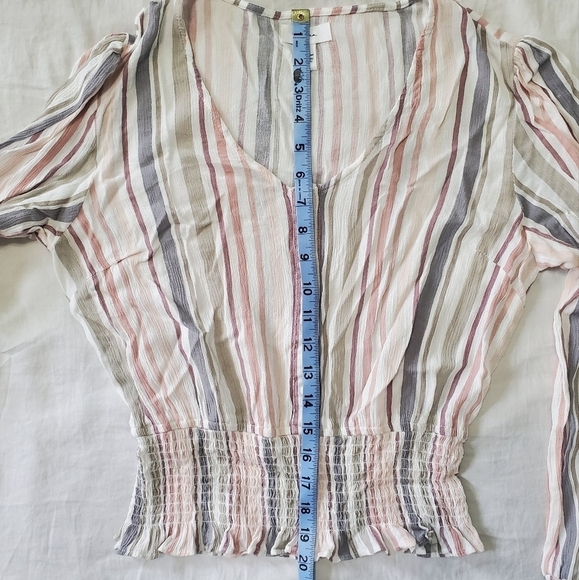 WOMEN'S Japna Neutral Striped Long Sleeve Crop Top Size M Buttons Smocked - Picture 11 of 11